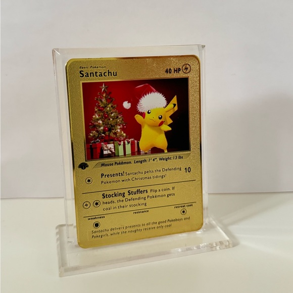 Pokemon Christmas Pikachu METAL GOLD CARD - Gift / Present / Fan Art - New Year - Picture 3 of 3